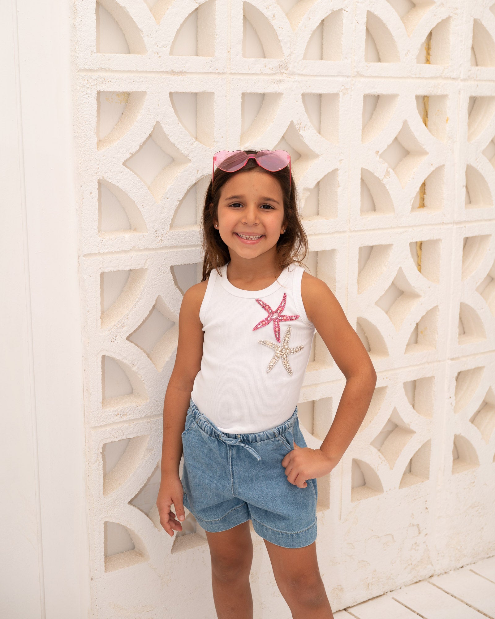 "White Tank-Top with Hand-made Embroidered Crystals-Kids"