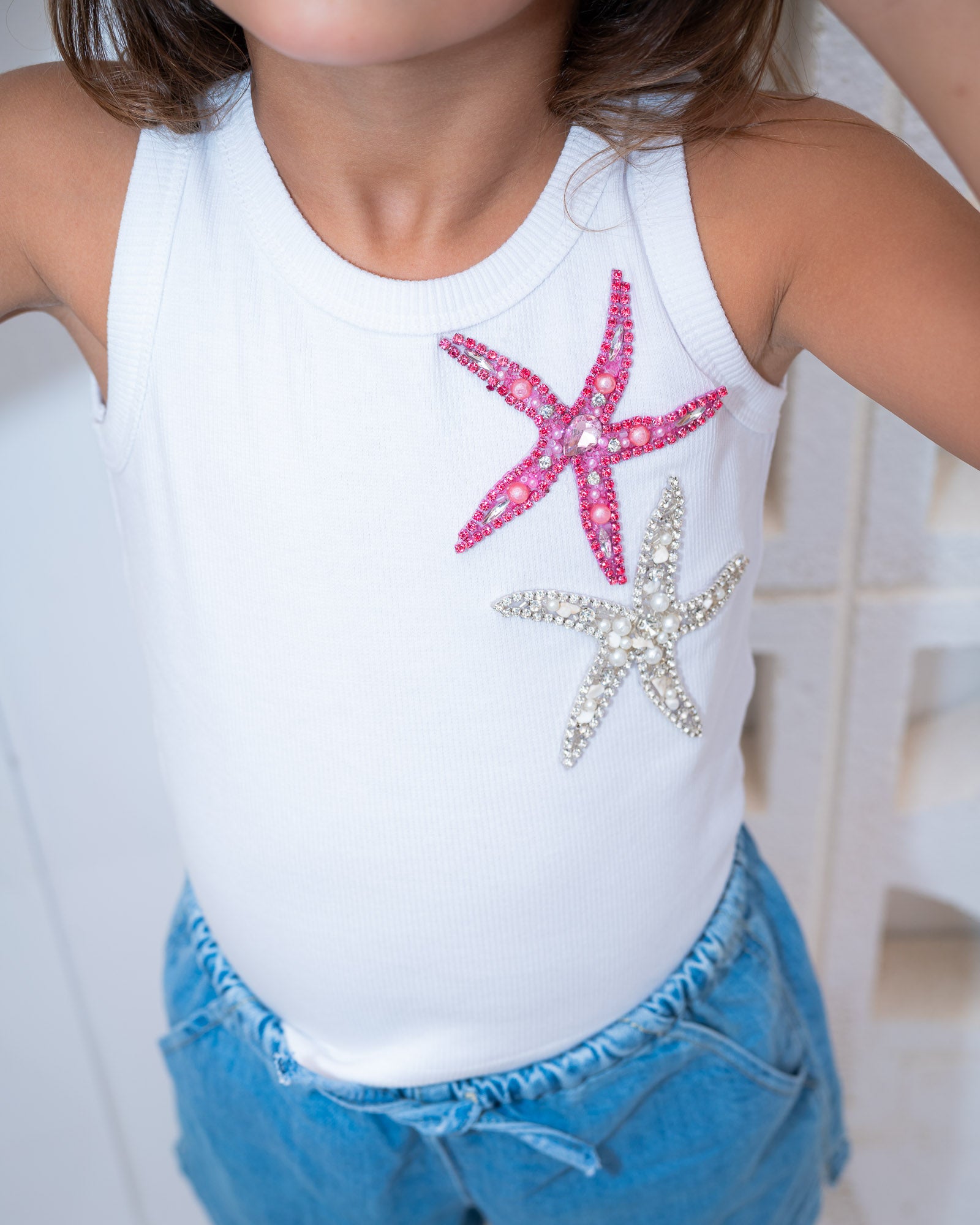 "White Tank-Top with Hand-made Embroidered Crystals-Kids"