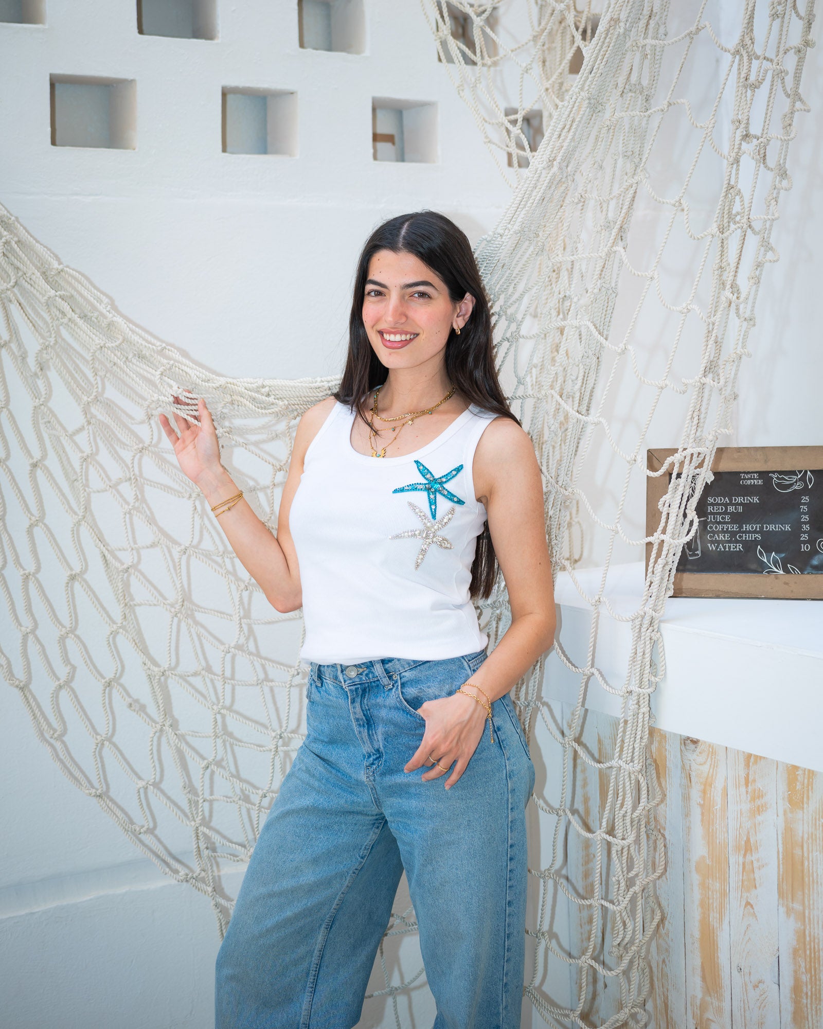 "White Tank-top with Hand-made Embroidered Crystals-Adults"