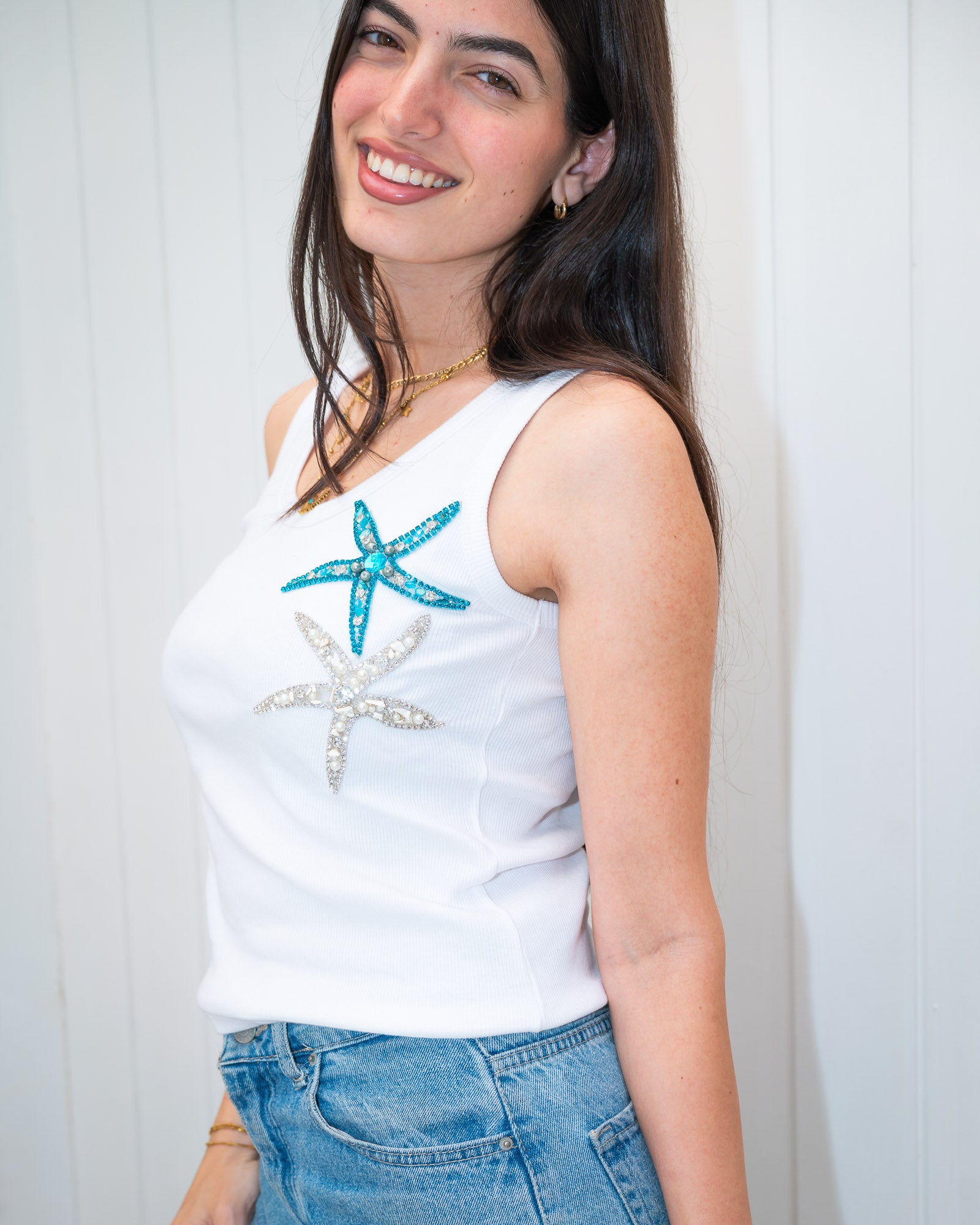 "White Tank-top with Hand-made Embroidered Crystals-Adults"