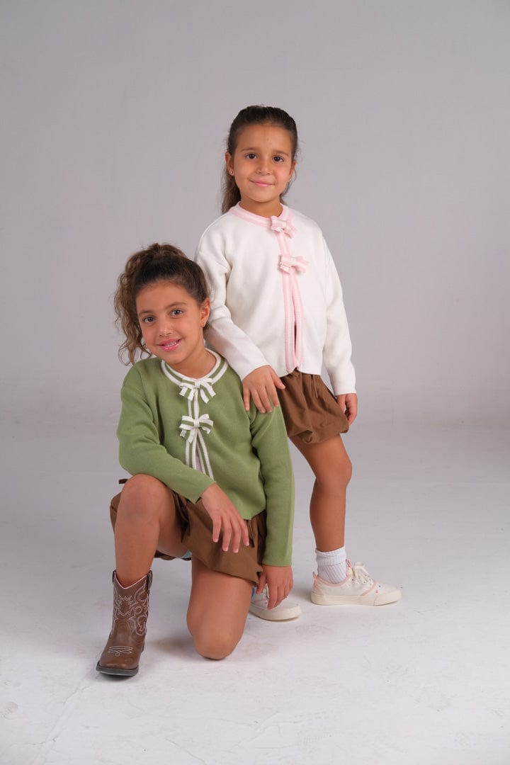 "Olive Green Cardigan with Off-White Bows" - HOPI