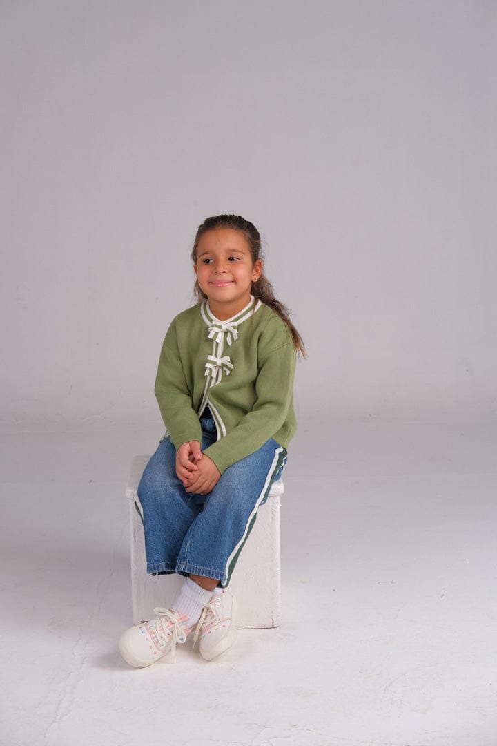 "Olive Green Cardigan with Off-White Bows" - HOPI