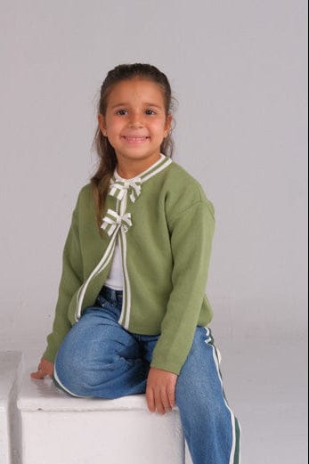 "Olive Green Cardigan with Off-White Bows" - HOPI