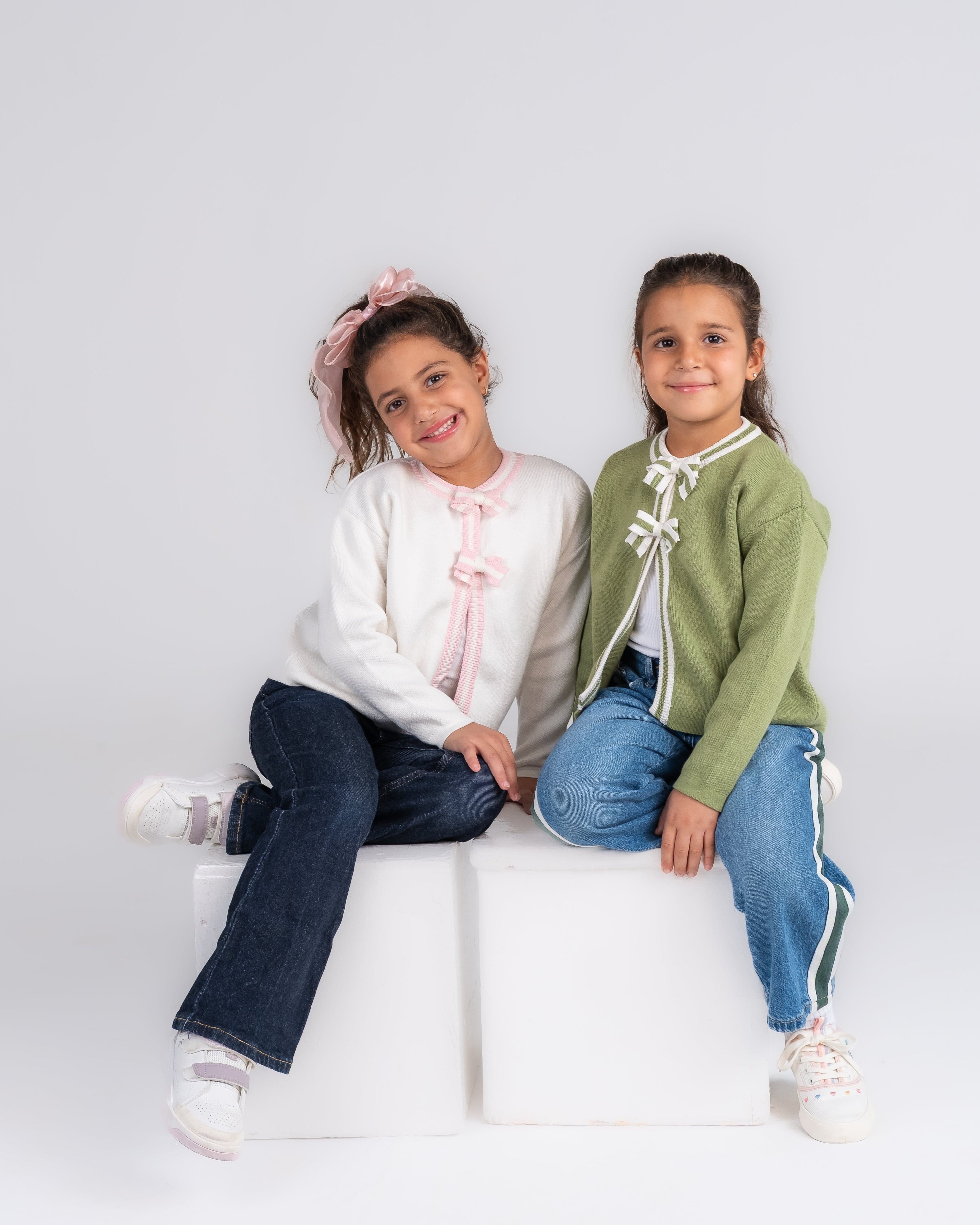 "Olive Green Cardigan with Off-White Bows" - HOPI