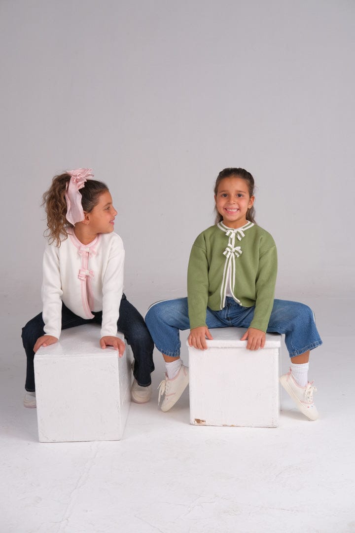 "Olive Green Cardigan with Off-White Bows" - HOPI