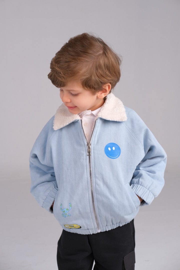 "Bomber Padded Faux Flecee Jeans Jacket" - HOPI