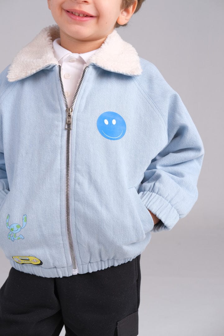 "Bomber Padded Faux Flecee Jeans Jacket" - HOPI