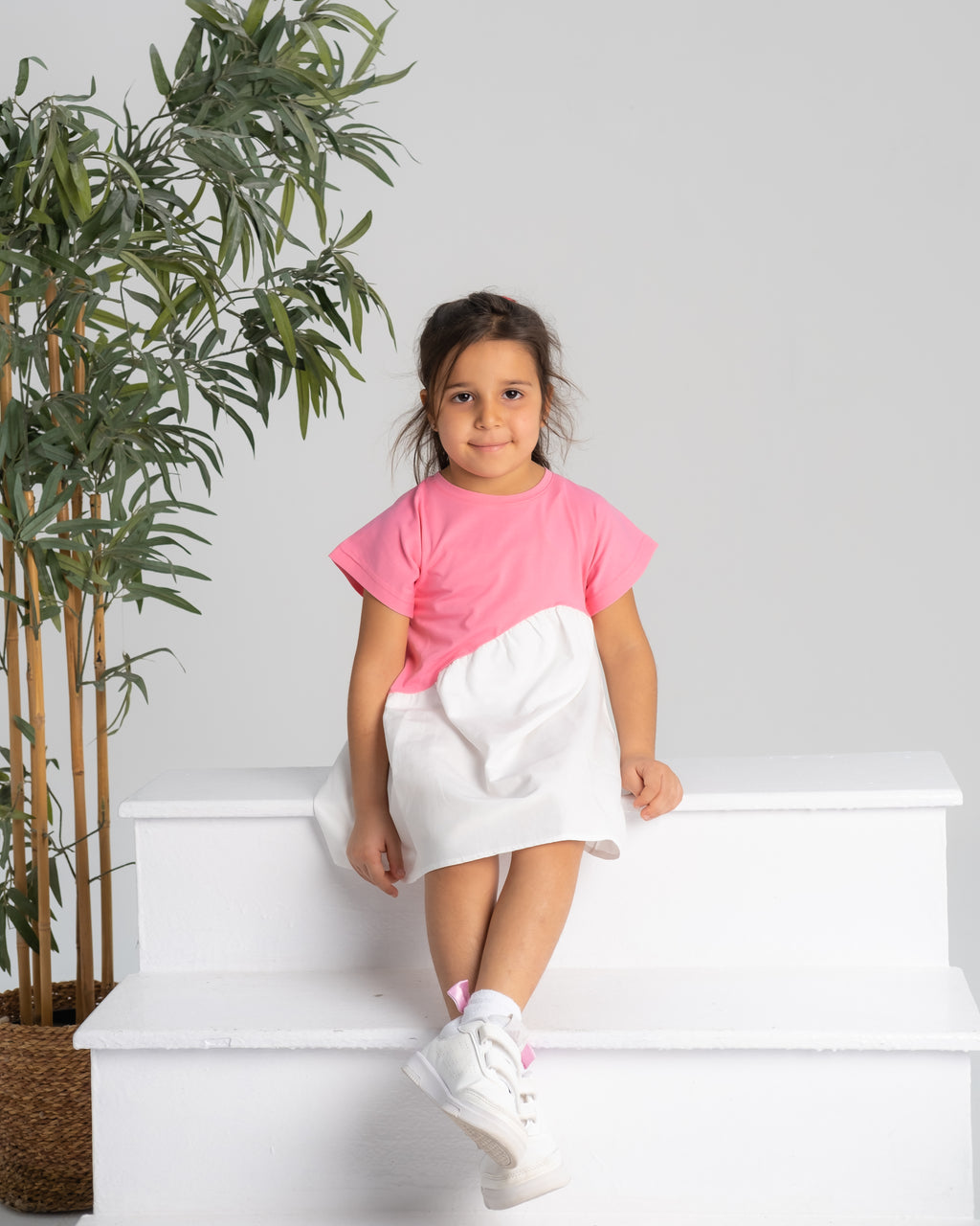 "Pink Asymmetric White Dress"
