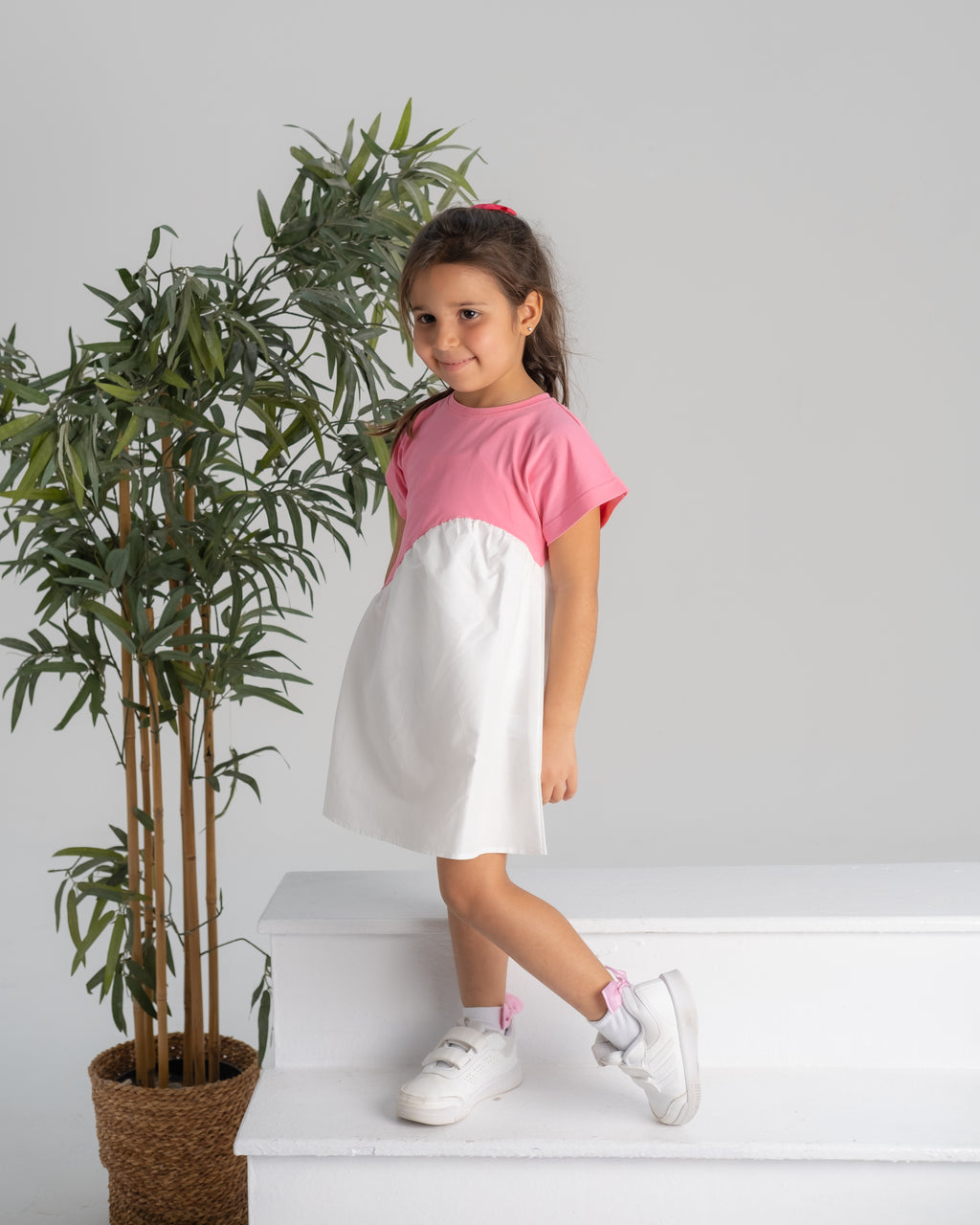 "Pink Asymmetric White Dress"