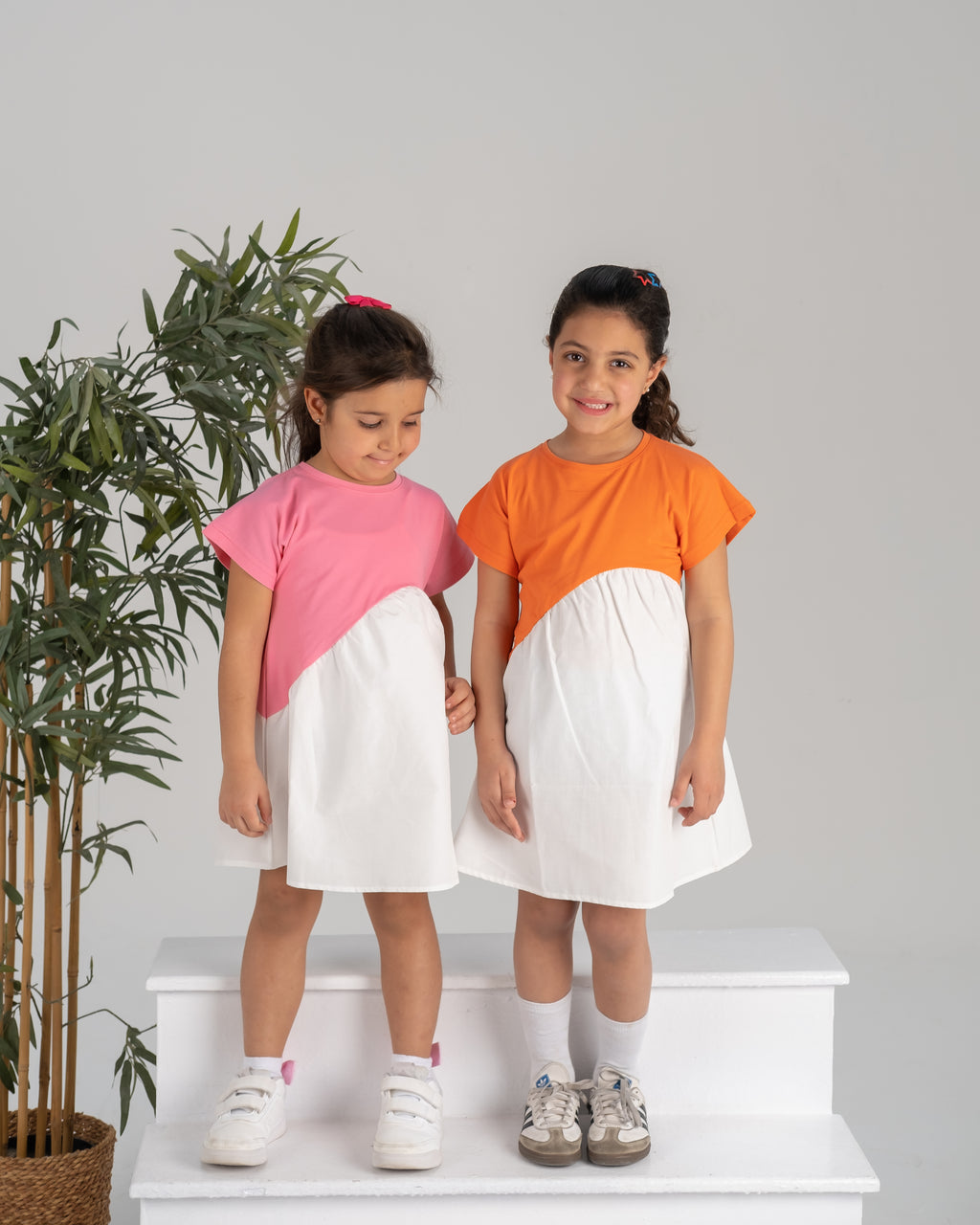 "Orange Asymmetric White Dress"