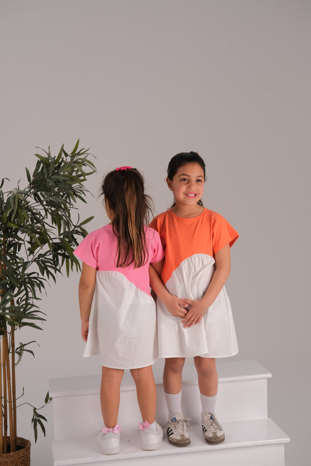 "Orange Asymmetric White Dress"