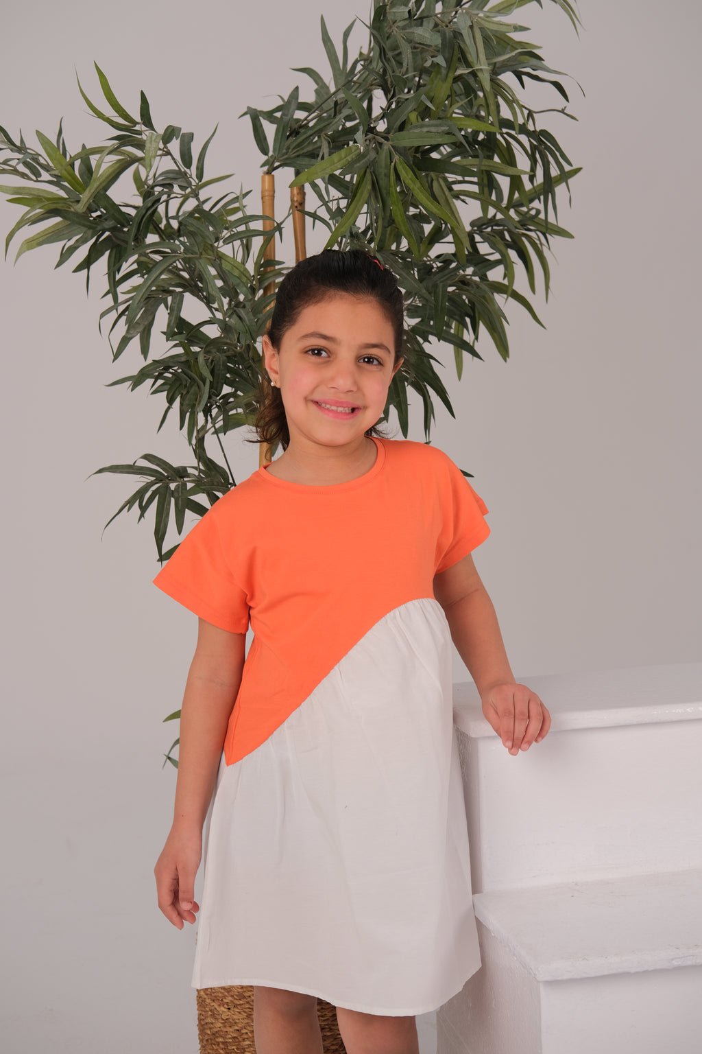 "Orange Asymmetric White Dress"