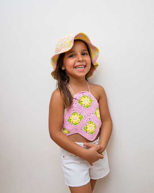 "Pink Floral Crochet Top"